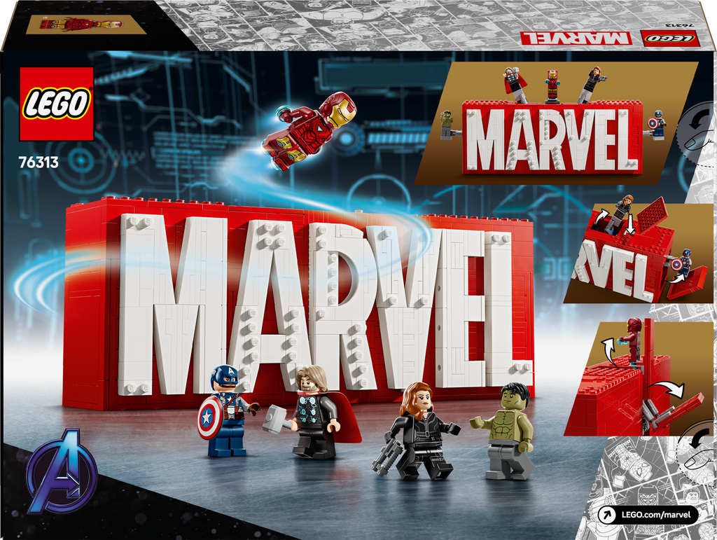 LEGO Marvel 76313 MARVEL logotipas ir minifigūrėlės
