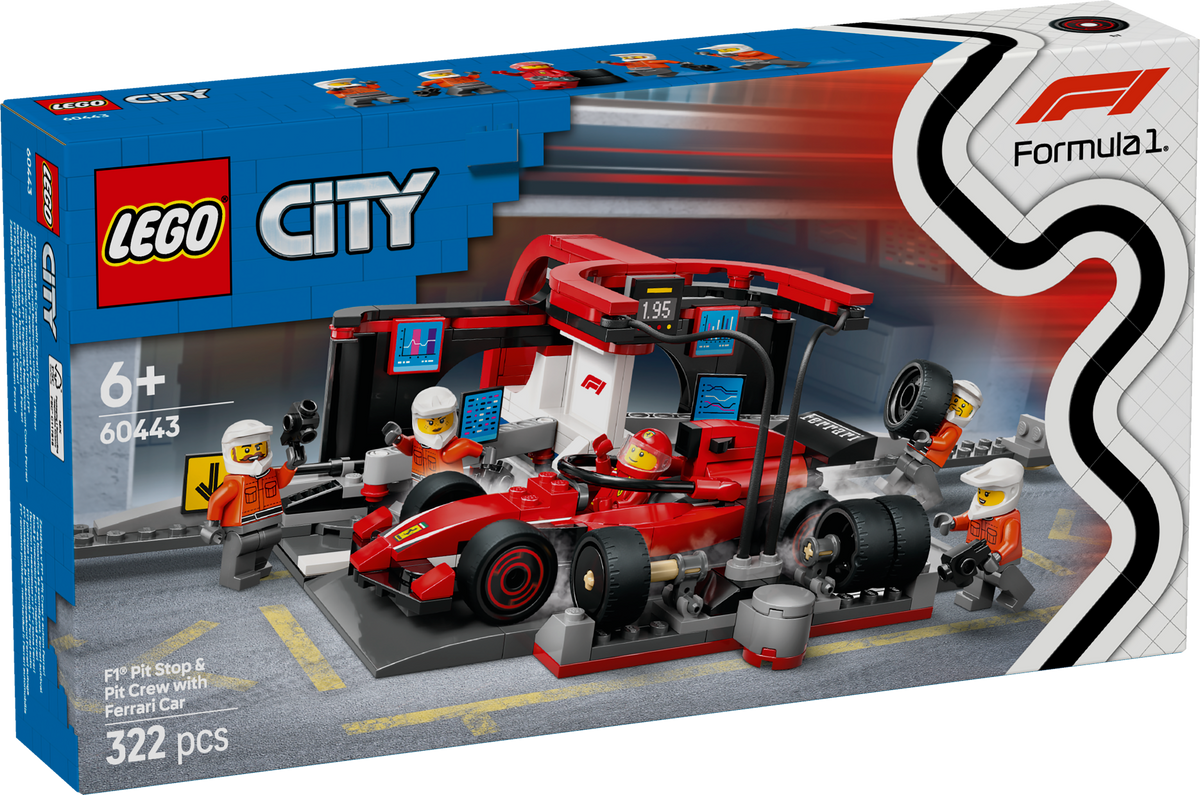 LEGO City 60443 F1 techninės priežiūros sustojimas su Ferrari bolidu