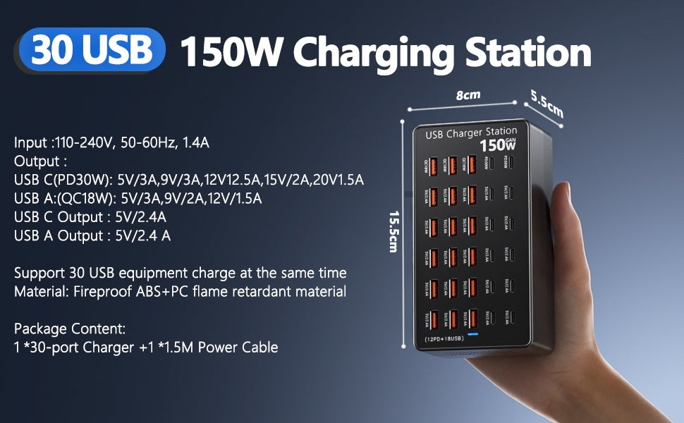 TTS USB įkrovimo stotelė 150 W, 30 jungčių USB-C ir USB-A