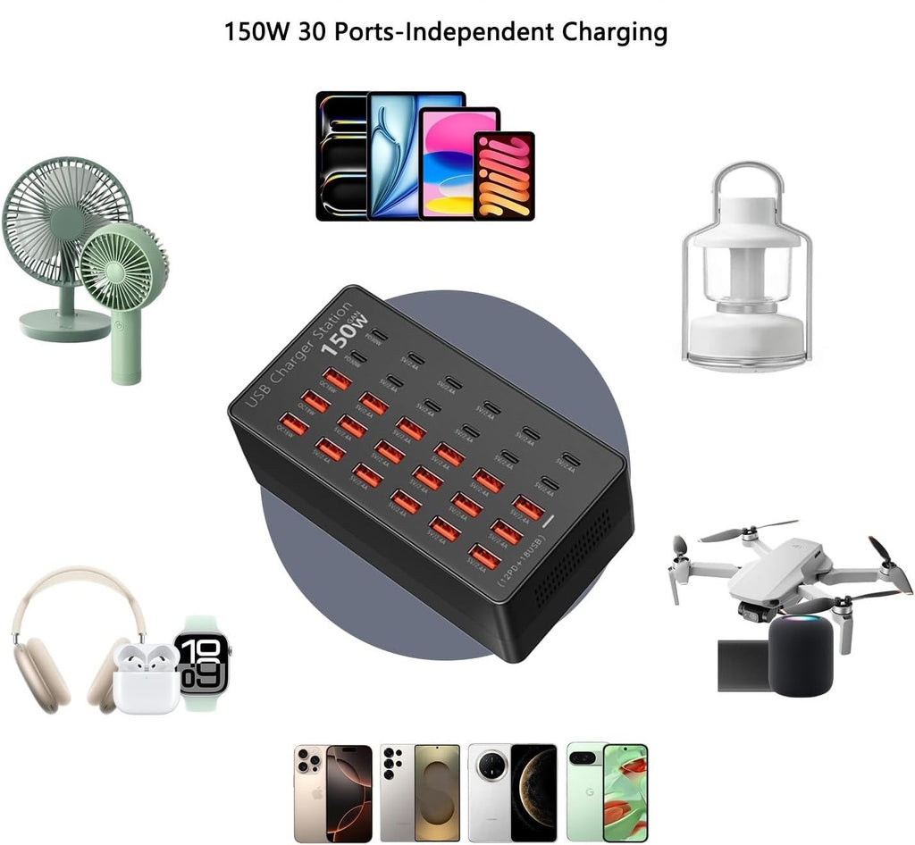 TTS USB įkrovimo stotelė 150 W, 30 jungčių USB-C ir USB-A