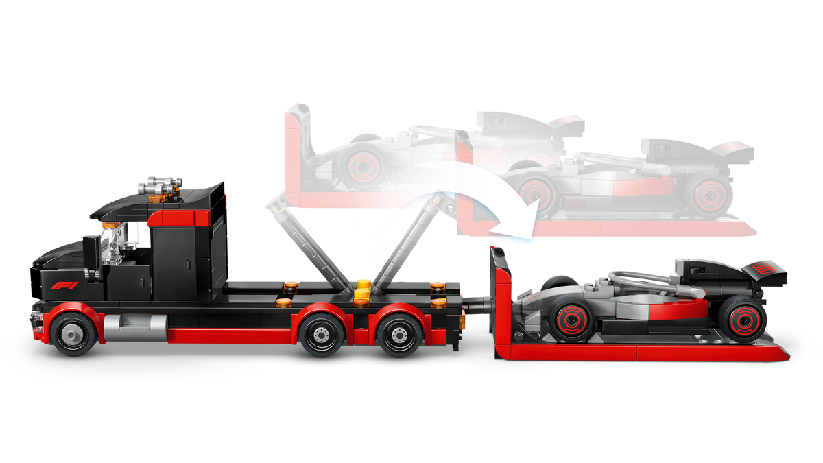 LEGO City 60493 F1 ekspozicinis sunkvežimis su Audi F1 bolidu