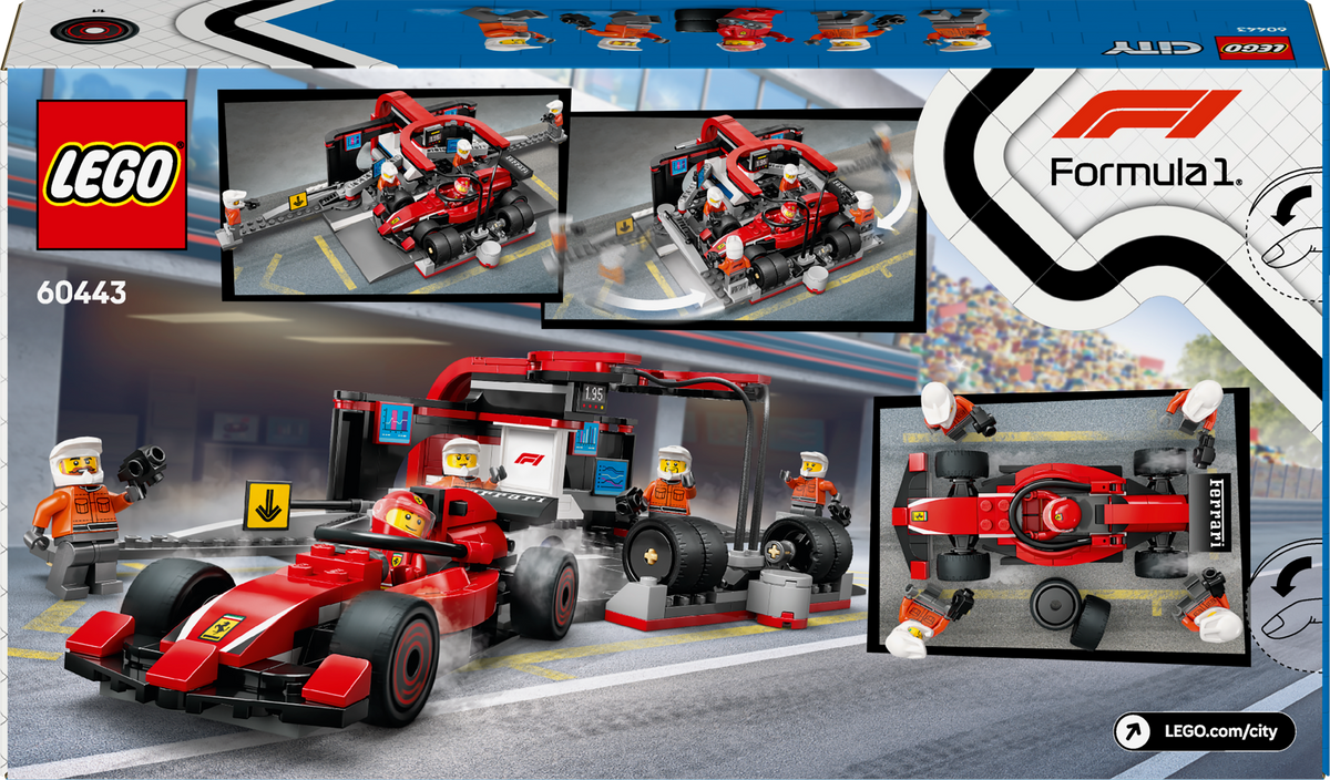 LEGO City 60443 F1 techninės priežiūros sustojimas su Ferrari bolidu