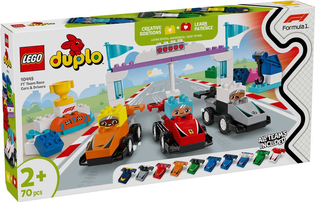 LEGO DUPLO 10445 F1 komandų lenktyniniai automobiliai ir vairuotojai