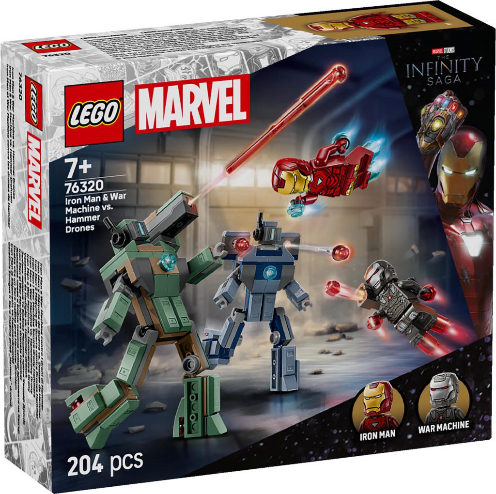 LEGO Marvel 76320 Geležinis žmogus ir Karo mašina prieš Hamerio dronus