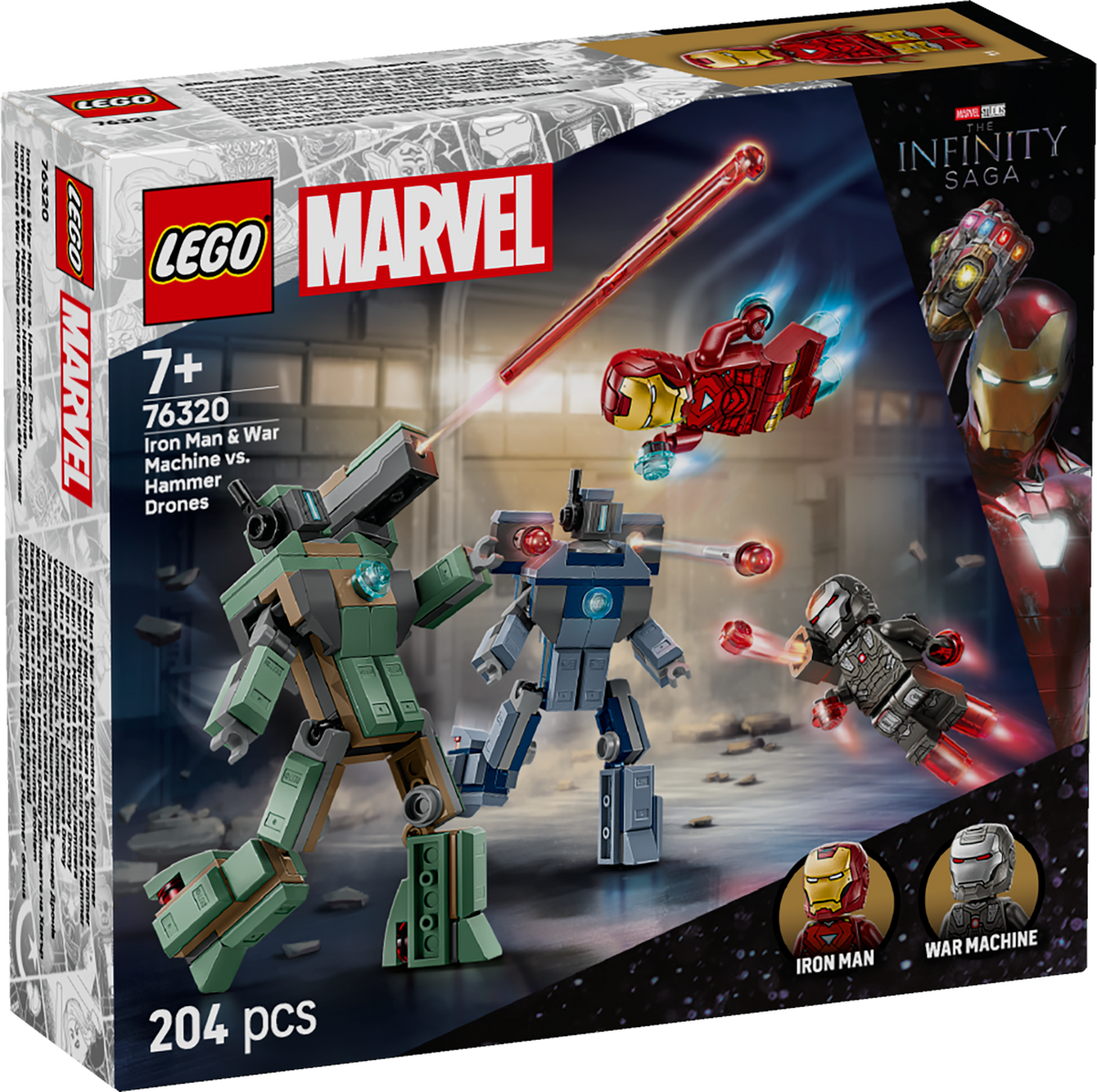 LEGO Marvel 76320 Geležinis žmogus ir Karo mašina prieš Hamerio dronus