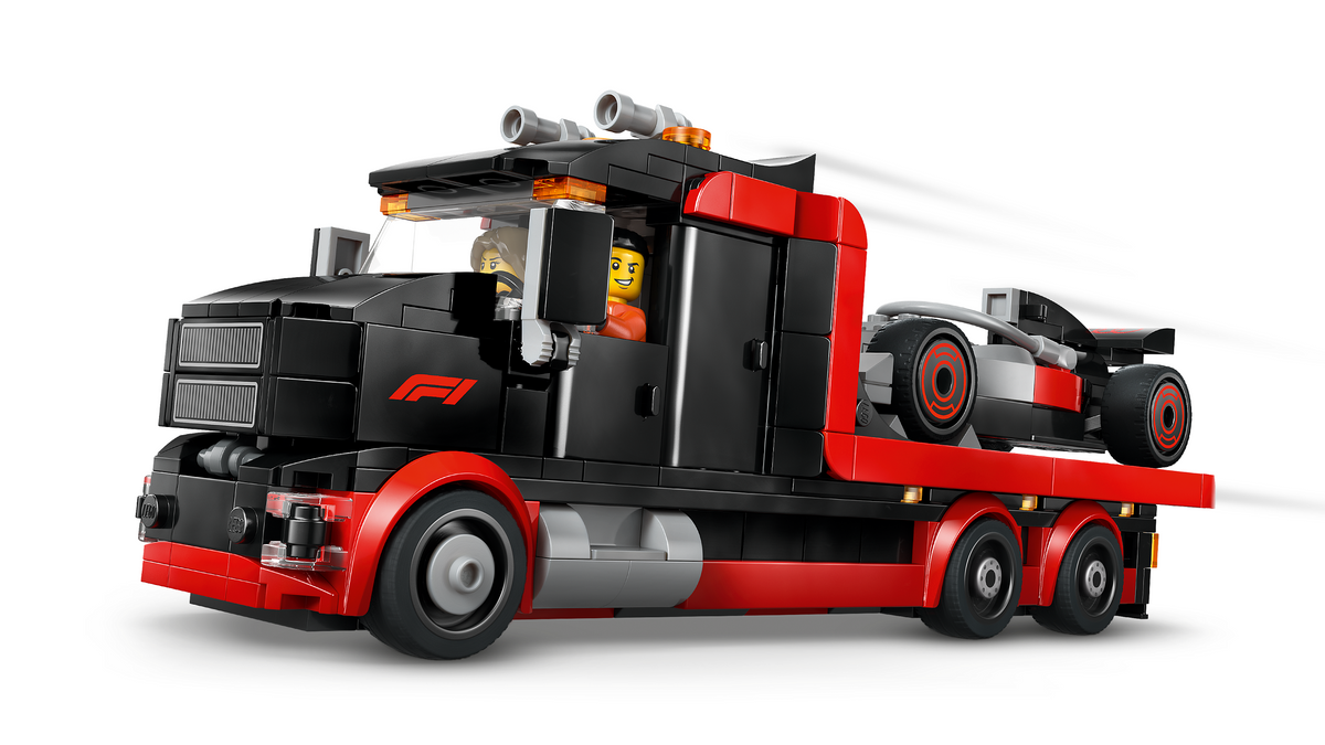 LEGO City 60493 F1 ekspozicinis sunkvežimis su Audi F1 bolidu