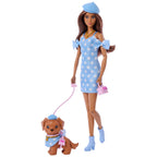 BARBIE TWINNING LOOKS tamsiaplaukės lėlės ir šunelio rinkinys (JFP38)